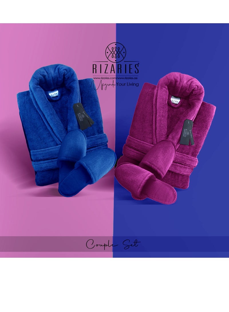 Couple Luxury Bathrobe Set Blue & Purple 2 Velour Bathrobe, 2 Velour Slippers - Unisex