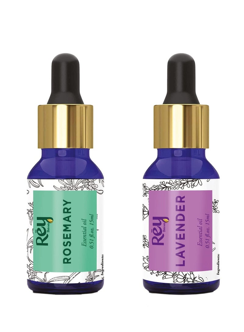Rey Naturals Lavender oil Rosemary essential oils Pure 100% Natural for Healthy Skin Face and Hair 15 ml Pack of 2