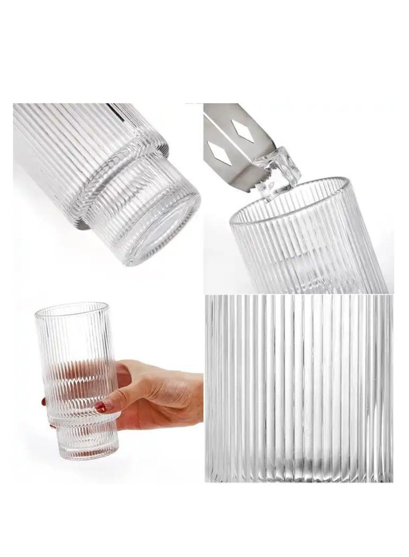 Ribbed Drinking Glasses with Glass Straws 450 ML (Set of 4)