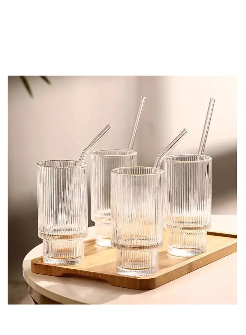 Ribbed Drinking Glasses with Glass Straws 450 ML (Set of 4)