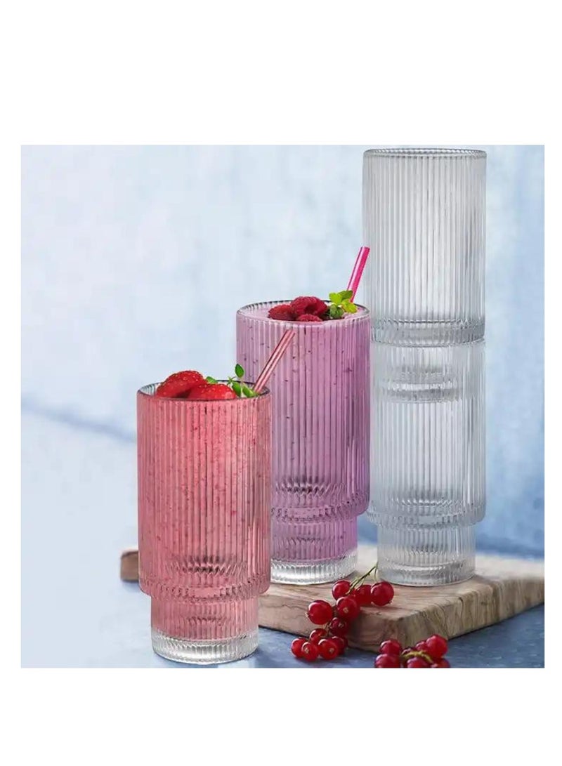 Ribbed Drinking Glasses with Glass Straws 450 ML (Set of 4)