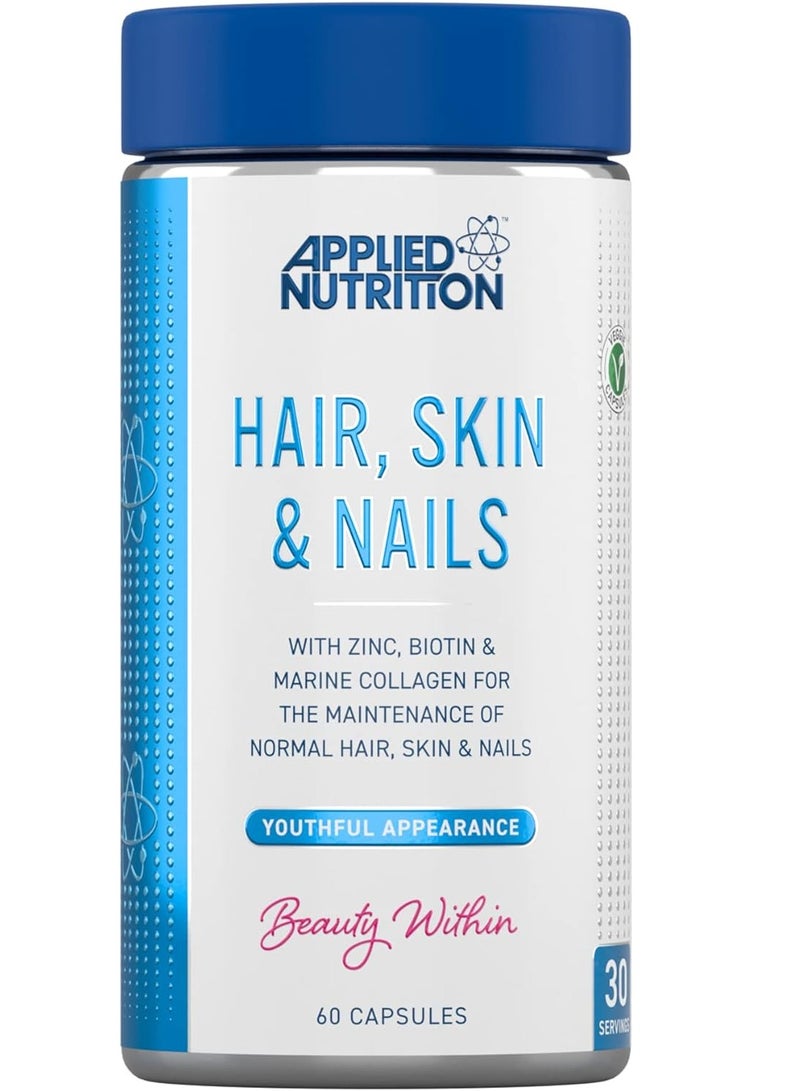 Applied Nutrition Biotin & Marine Collagen for Healthy Hair Growth, Skin & Nails Supplement with 10000 mcg Biotin - Vitamin B7, Zinc, Ashwagandha and Vitamin Blend (60 Capsules - 30 Servings)