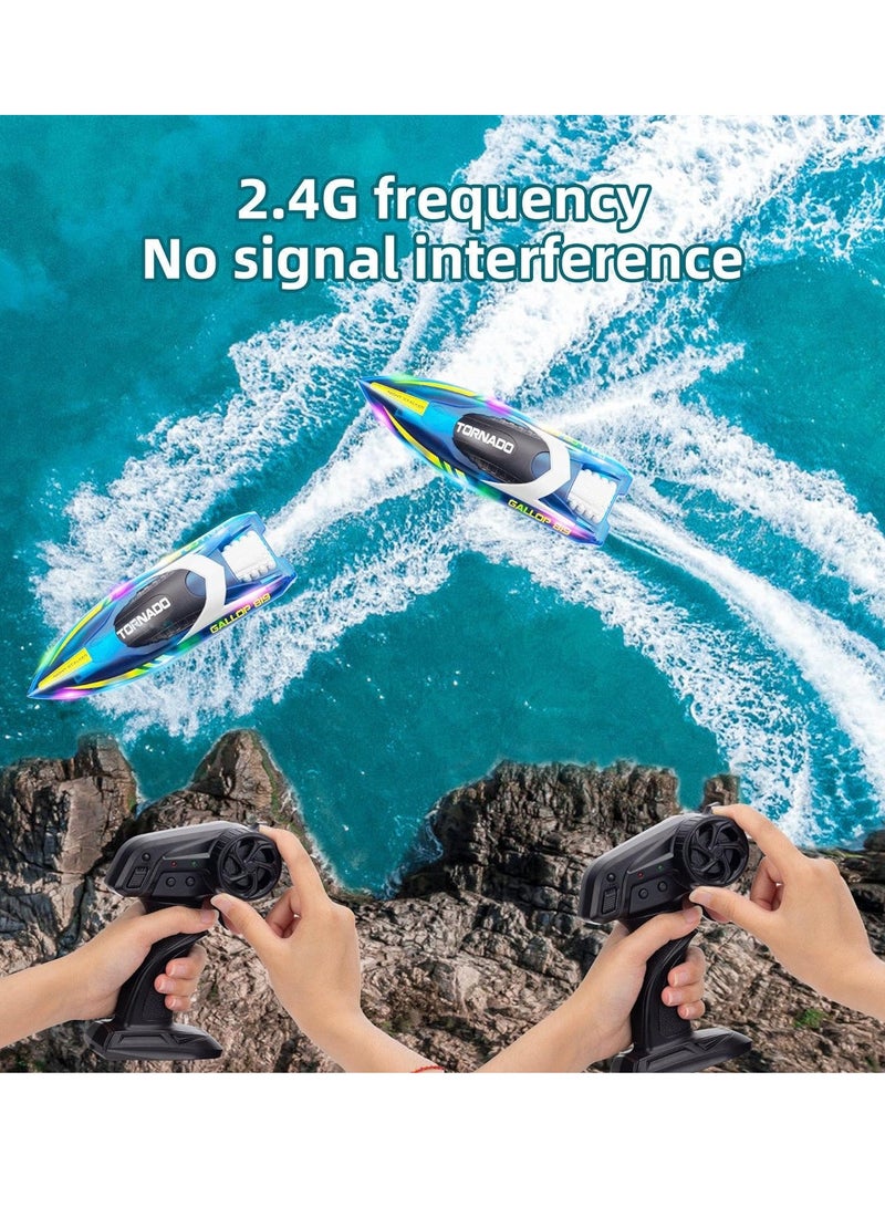 HJ819 RC Boat for Kids 8-16, 15+ MPH Fast Remote Control Boat with LED Lights, 2.4G RC Electric Boats Pool and Lakes Toys for Adults