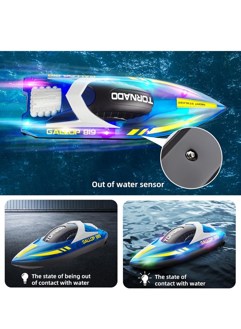 HJ819 RC Boat for Kids 8-16, 15+ MPH Fast Remote Control Boat with LED Lights, 2.4G RC Electric Boats Pool and Lakes Toys for Adults