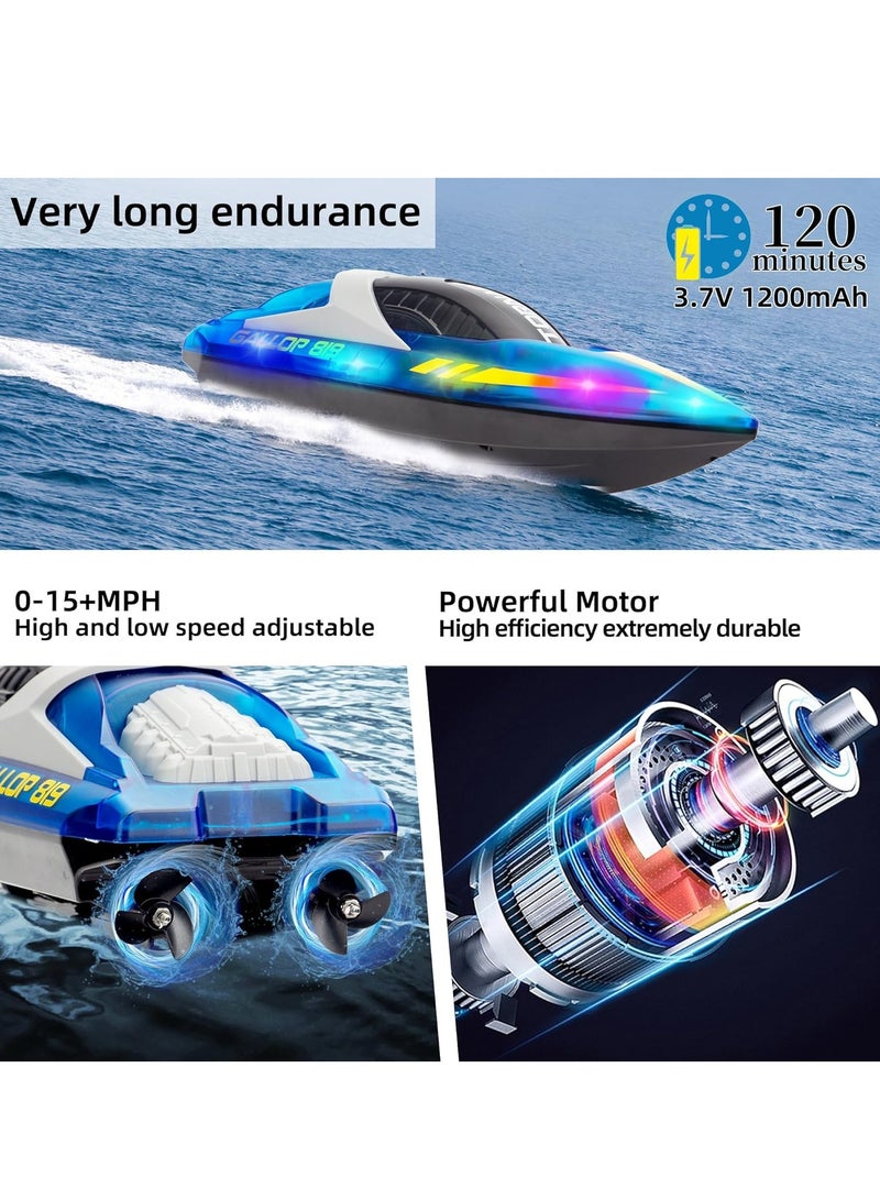 HJ819 RC Boat for Kids 8-16, 15+ MPH Fast Remote Control Boat with LED Lights, 2.4G RC Electric Boats Pool and Lakes Toys for Adults