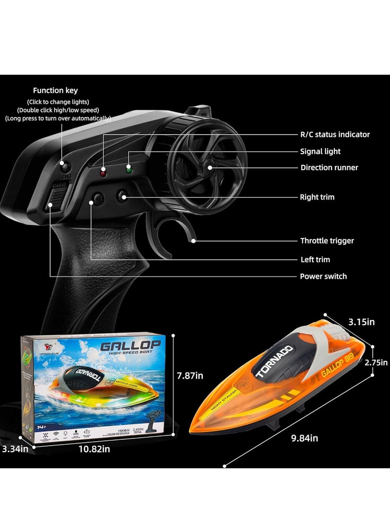 HJ819 RC Boat for Kids 8-16, 15+ MPH Fast Remote Control Boat with LED Lights, 2.4G RC Electric Boats Pool and Lakes Toys for Adults