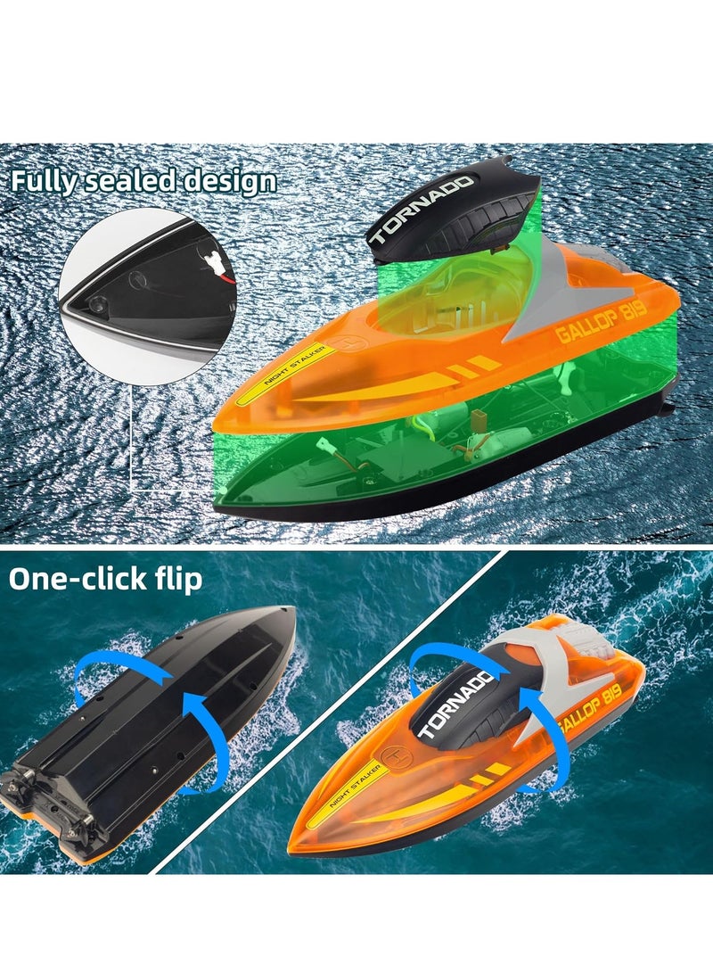 HJ819 RC Boat for Kids 8-16, 15+ MPH Fast Remote Control Boat with LED Lights, 2.4G RC Electric Boats Pool and Lakes Toys for Adults
