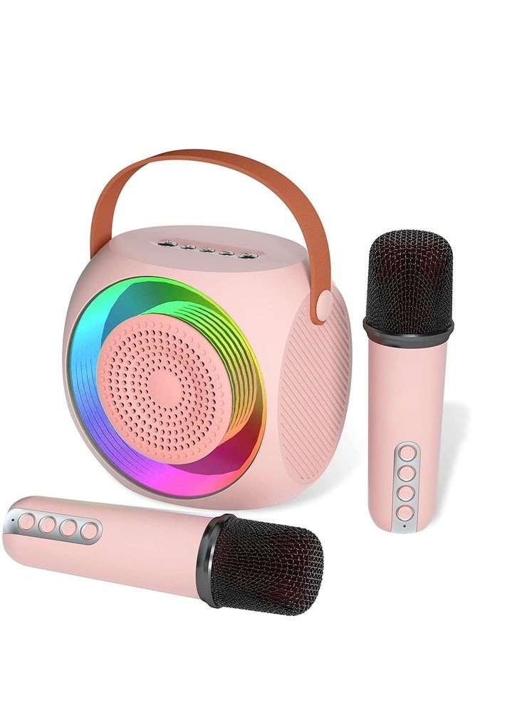 Karaoke Machine for Kids, Portable Bluetooth Karaoke Speaker Machine with 2 Microphones and Led Lights for Kids and Adults for Birthday Gift Home Party, Supports TF Card/USB/AUX (Pink)