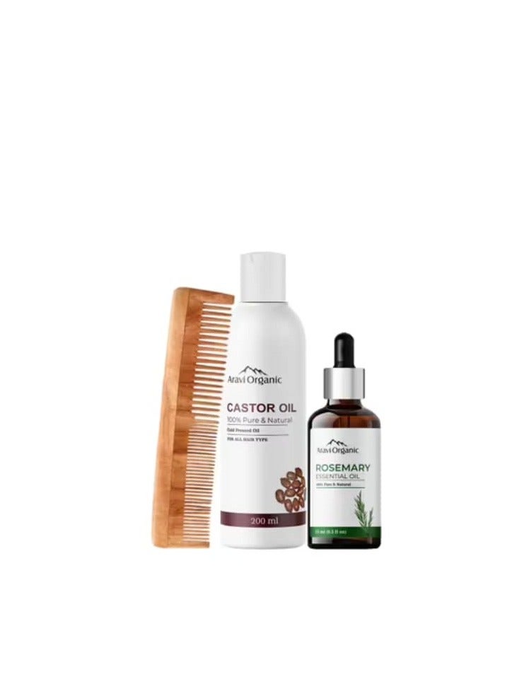 Aravi Organic Cold Pressed Castor Carrier Oil 200ml And Rosemary Essential Oil 15ml With Neem Wood Comb Pack of 3