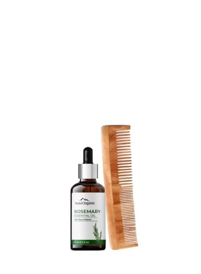 Aravi Organic Rosemary Essential Oil 15ml With Neem Wood Comb  Pack of 2