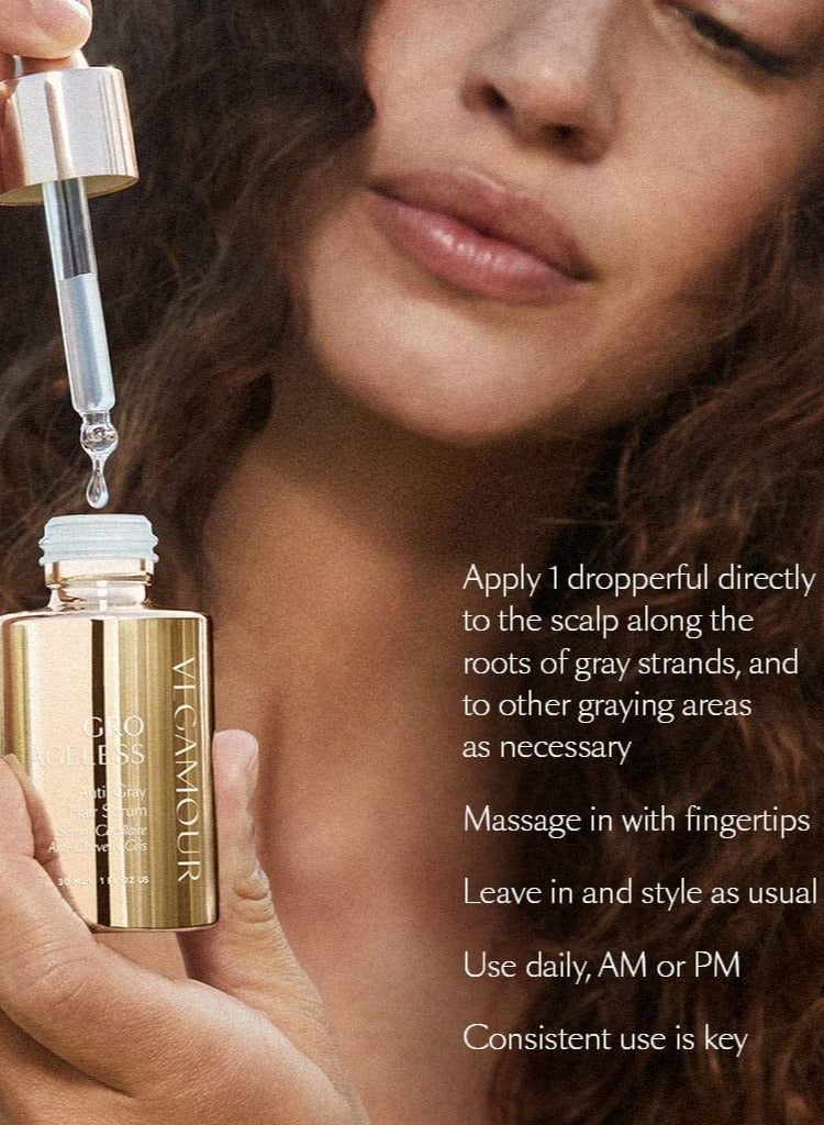 VEGAMOUR GRO Ageless Anti-Gray Hair Serum, 30ml – Promotes Natural Pigment Retention, Reduces Gray Hair, and Supports Healthy, Vibrant Hair Growth with Plant-Based Ingredients