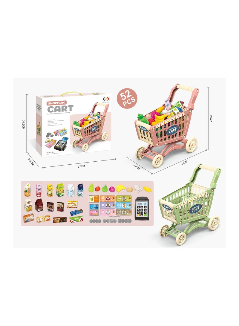 52 PCS Kids' Shopping Set - Shopping Cart, Snack Box, POS Machine, Play Money, Cards - Ages 3+