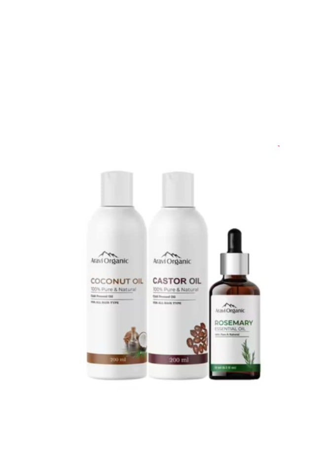 Aravi Organic Cold Pressed Castor Oil Extra Virgin 200ML Coconut Oil 200ML Rosemary Essential Oil 15ML Pack of 3