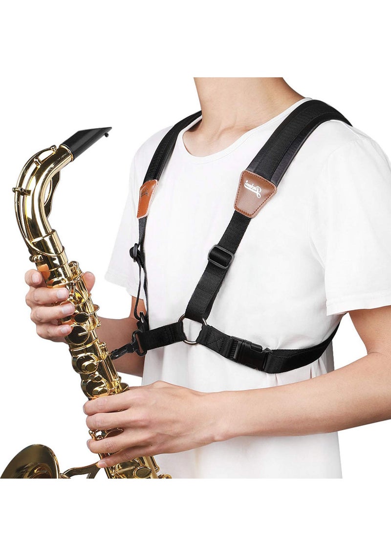 Professional Saxophone Shoulder Strap, Saxophone Strap Professional Shoulder Harness Leather Padded for Alto Tenor Bari Soprano Sax, for Alto Tenor Soprano Baritone Sax, Black