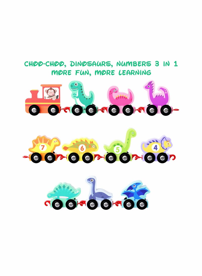 Wooden Dinosaur Train Set with Numbers,11 Pieces Train Cars Includes Locomotive , Count & Color Montessori Educational Toys for Toddlers Age 1 2 3 4