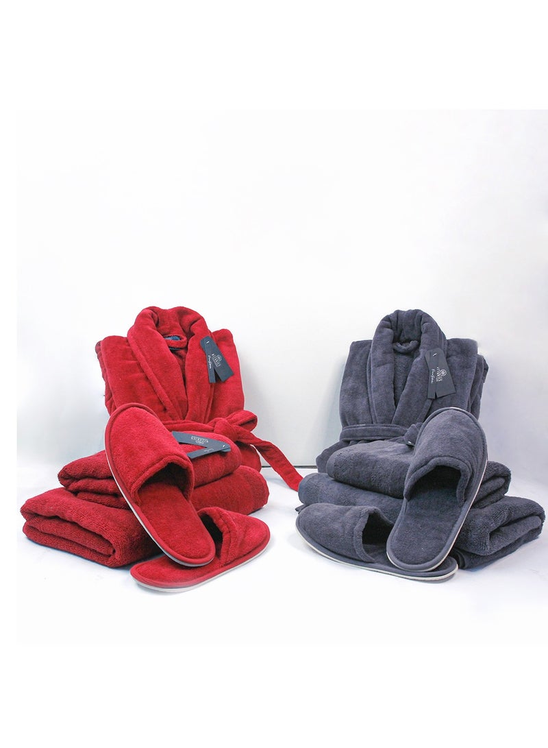 Luxury Couple Bathroom Set - 2 Bathrobes with Slippers and 2 Towel Sets - Unisex