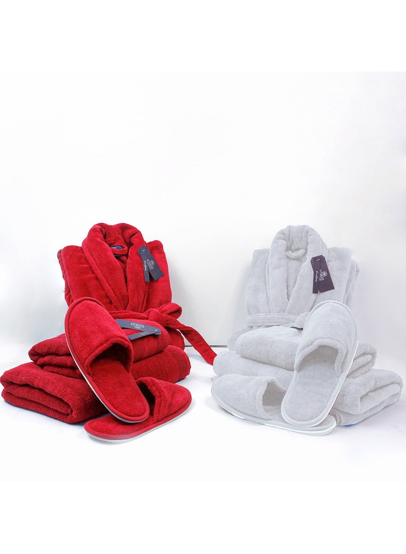 Luxury Couple Bathroom Set - 2 Bathrobes with Slippers and 2 Towel Sets - Unisex