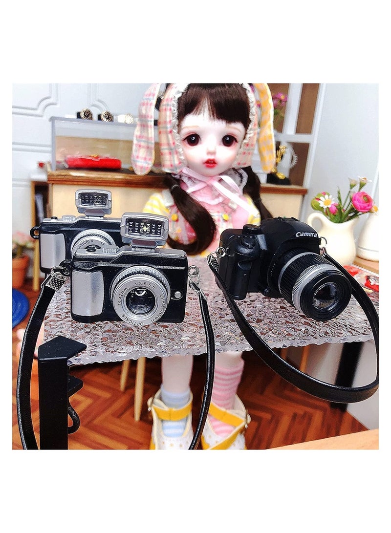 Mini Camera for Dolls, 1:4 Scale Miniature SLR Camera Mini Camera Ornament with Flash and Shutter Sound, Vintage Camera Model Digital SLR Camera, 4 Pcs