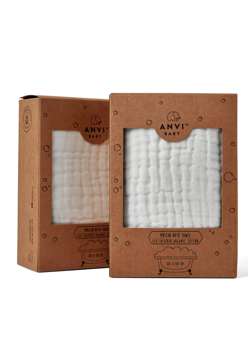 Set of 2 Organic Muslin Bath Towel- White Lotus105x105cms