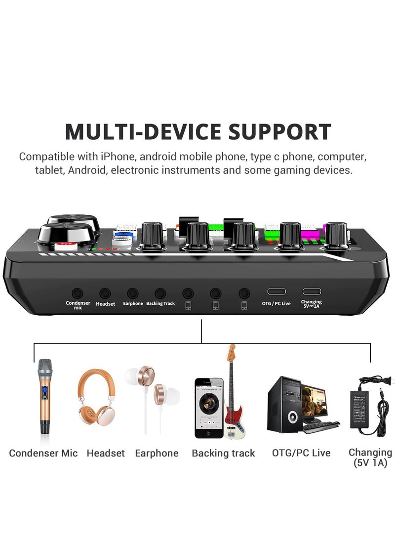 F998 Live Sound Card Audio Mixer Podcast Audio Interface with DJ Mixer Effects Voice Converter with Sound Effects for Karaoke Tiktok YouTube Live Recording Games