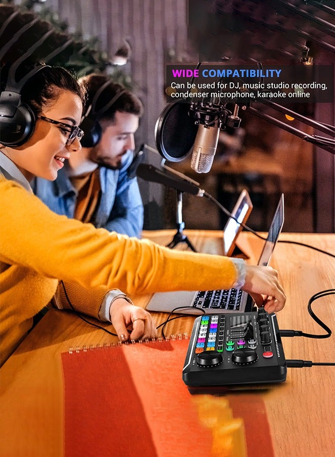 F998 Live Sound Card Audio Mixer Podcast Audio Interface with DJ Mixer Effects Voice Converter with Sound Effects for Karaoke Tiktok YouTube Live Recording Games