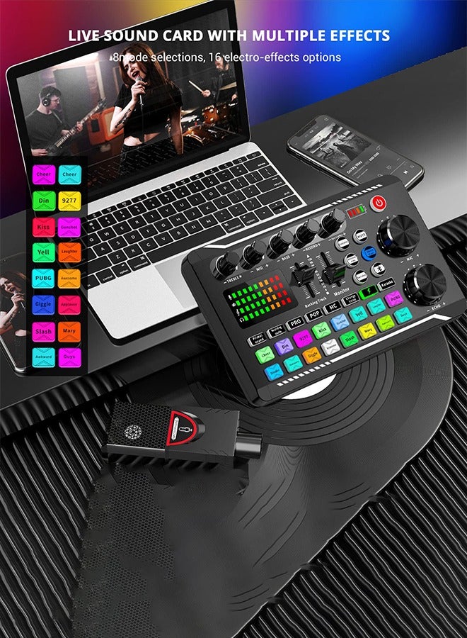 F998 Live Sound Card Audio Mixer Podcast Audio Interface with DJ Mixer Effects Voice Converter with Sound Effects for Karaoke Tiktok YouTube Live Recording Games