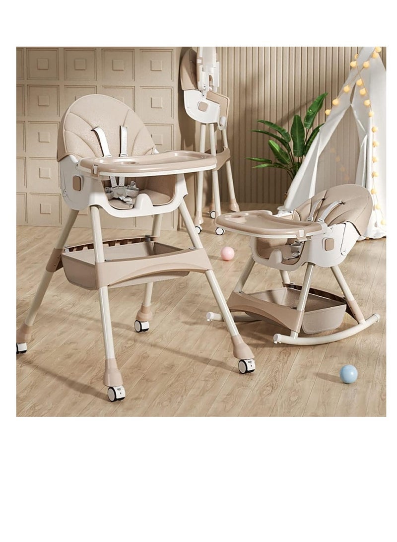 Baby Dining Chair Height Adjustable Baby High Chair Multifunctional Baby Chair with Wheels and Foldable Meal Tray for Feeding Eating and Playing 0-6Y Babies and Toddlers Rocking Horse (khaki)