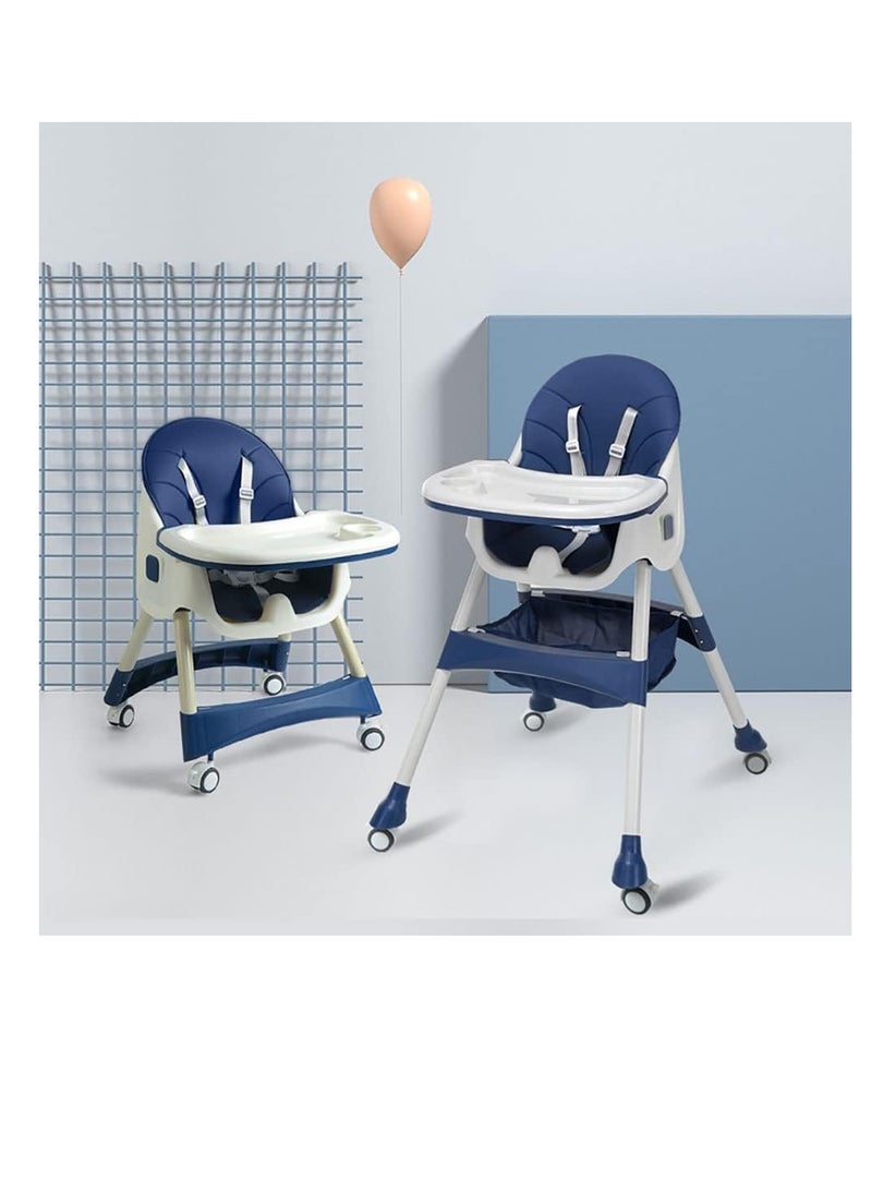 Baby Dining Chair, Multifunctional Baby High Chair, Adjustable Height Baby Highchair Foldable Toddler Seat, Safe Baby Feeding Chair with Wheels and Meal Tray (803-Dark Blue)