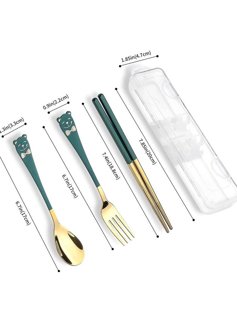 Portable Utensil Set 18/8 Stainless Steel Flatware 4pcs Travel Camping Fork Spoon Chopsticks with Case Cute Pocket Utensils for Lunch Picnic