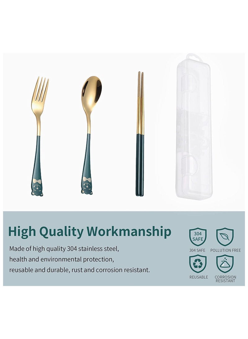 Portable Utensil Set 18/8 Stainless Steel Flatware 4pcs Travel Camping Fork Spoon Chopsticks with Case Cute Pocket Utensils for Lunch Picnic