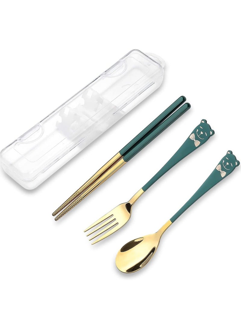 Portable Utensil Set 18/8 Stainless Steel Flatware 4pcs Travel Camping Fork Spoon Chopsticks with Case Cute Pocket Utensils for Lunch Picnic