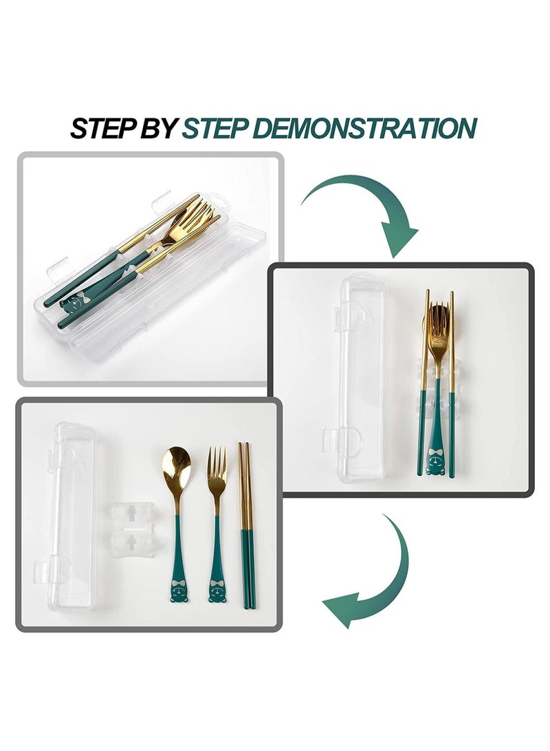 Portable Utensil Set 18/8 Stainless Steel Flatware 4pcs Travel Camping Fork Spoon Chopsticks with Case Cute Pocket Utensils for Lunch Picnic