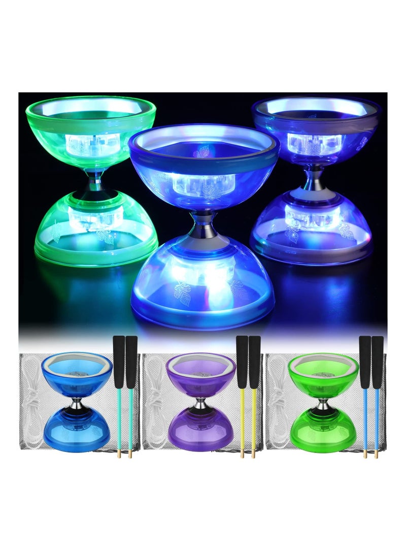 Diabolo, 3 Set Chinese Yo Yo, LED Diabolo Toy, Light Up with Sticks, String Net Bag for Beginners, Green, Purple, Blue, Yoyo Set, Easier Lasts Longer