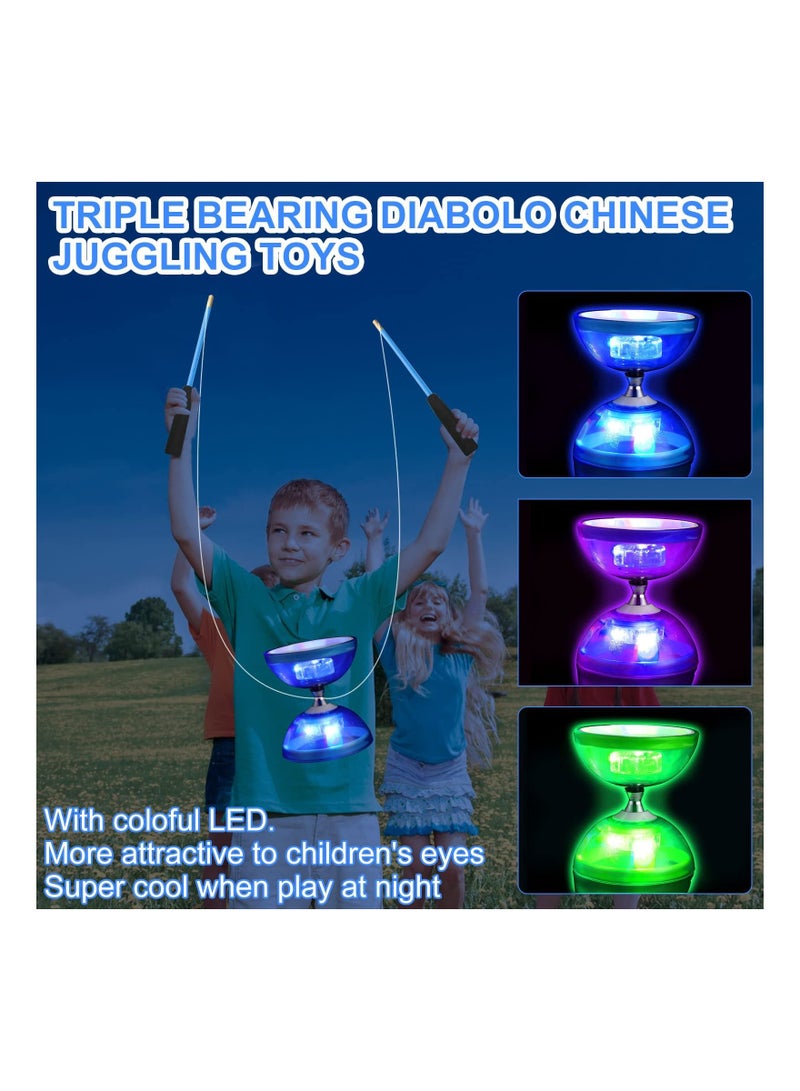 Diabolo, 3 Set Chinese Yo Yo, LED Diabolo Toy, Light Up with Sticks, String Net Bag for Beginners, Green, Purple, Blue, Yoyo Set, Easier Lasts Longer