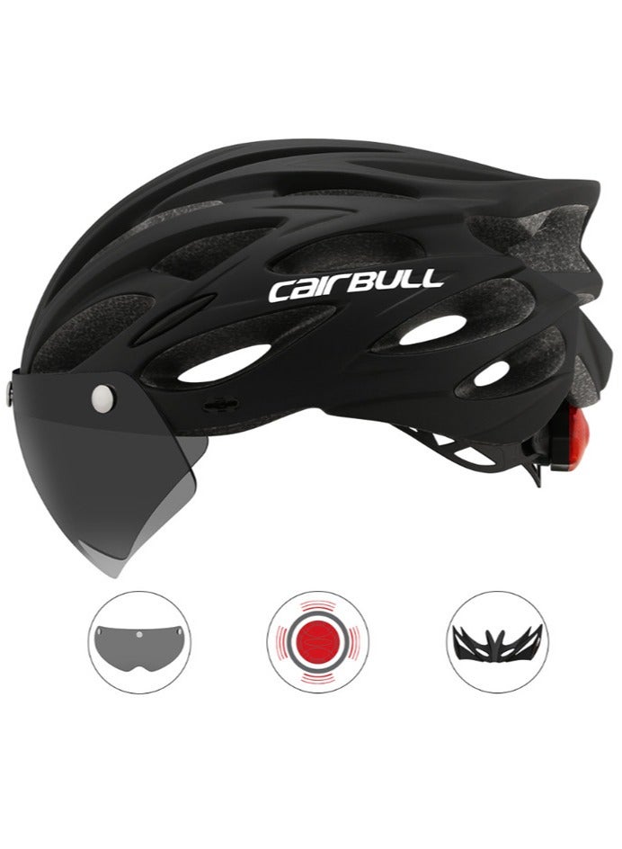 Highway mountain bike riding helmet with protective lenses, brim and tail lights