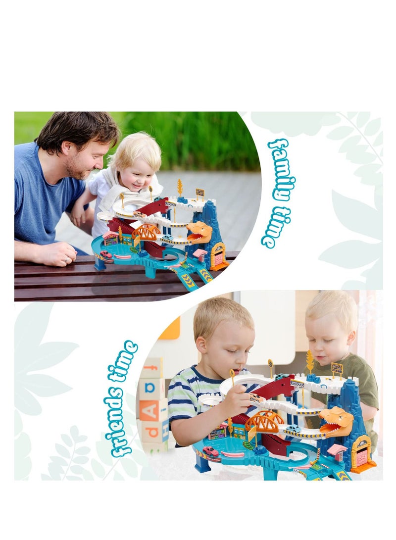 Car Racing Track for Children, Adventure Toy Dinosaur Climbing Hills Motor with 4 Cars Colourful Vehicles Construction Play Set