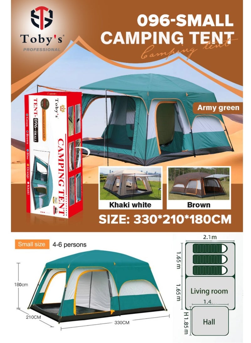 Toby’s New 4-6 person double layer outdoor camping tent two bedrooms and a living room family cabin (Green)