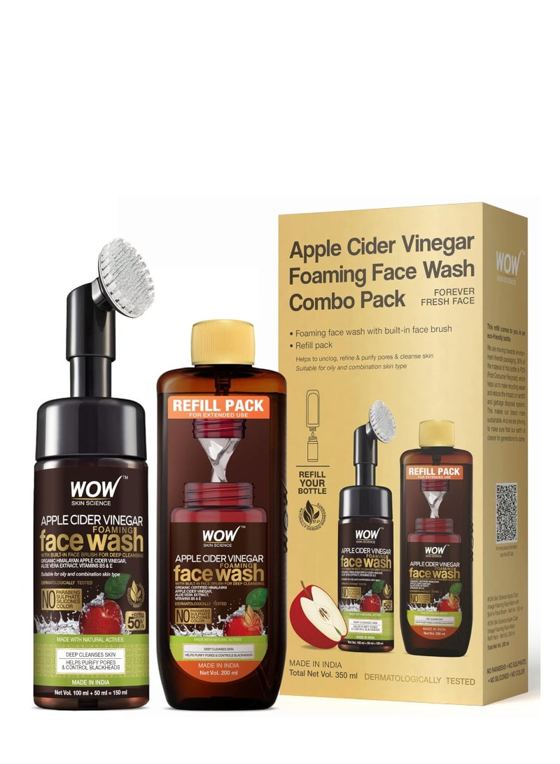 WOW Skin Science Apple Cider Vinegar Foaming Face Wash Combo Pack | Built in Brush | Refill Pack | For Oily Skin | Fresh, Clear Skin | Paraben & Sulphates Free | 350 ml