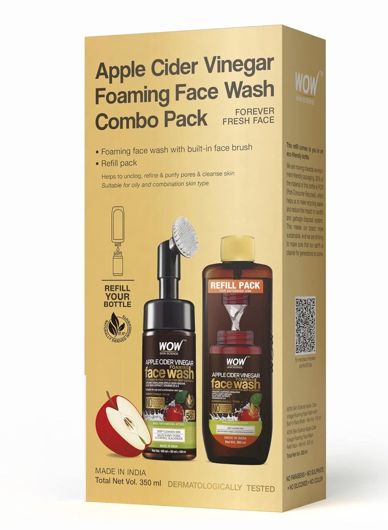 WOW Skin Science Apple Cider Vinegar Foaming Face Wash Combo Pack | Built in Brush | Refill Pack | For Oily Skin | Fresh, Clear Skin | Paraben & Sulphates Free | 350 ml