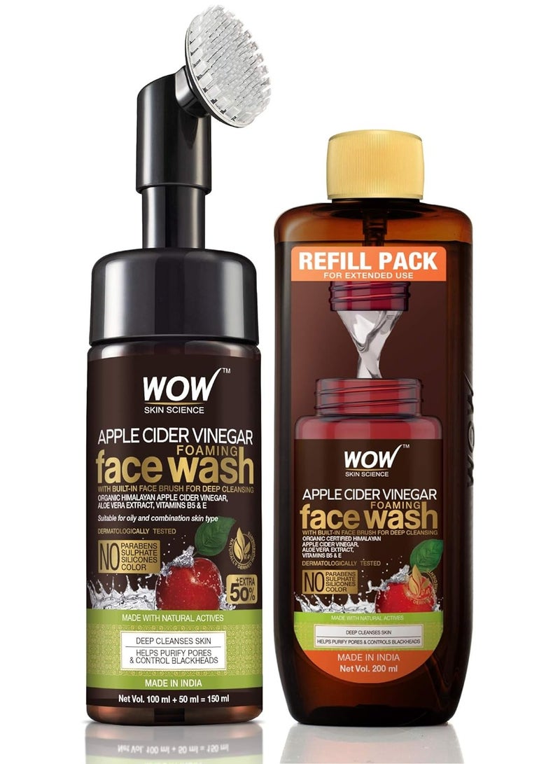 WOW Skin Science Apple Cider Vinegar Foaming Face Wash Combo Pack | Built in Brush | Refill Pack | For Oily Skin | Fresh, Clear Skin | Paraben & Sulphates Free | 350 ml