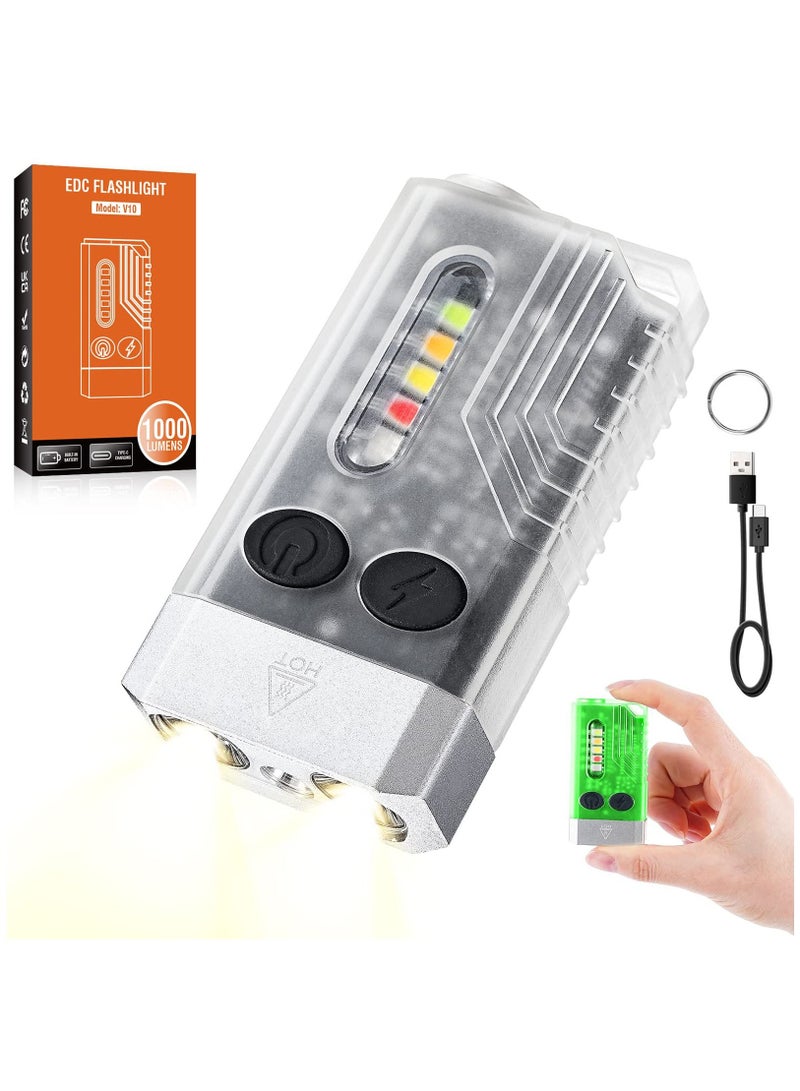 Mini LED Keychain Flashlight, Rechargeable Pocket Torch with 14 Modes 1000LM Small Powerful IPX4 Transparent EDC Flashlight UV Light & Magnetic Tail for Camping Hiking Emergency
