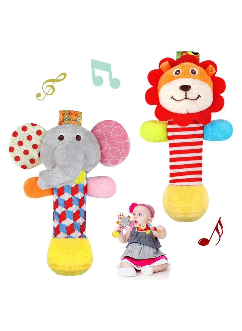 2PCS Soft Baby Rattles, Plush Animal Rattles Baby Sensory Toys Infant Sound Toys Interactive Plush Toys Early Development Rattles Infant Learning Toys for 0 3 6 Month Infant Gift (Elephant, Lion)