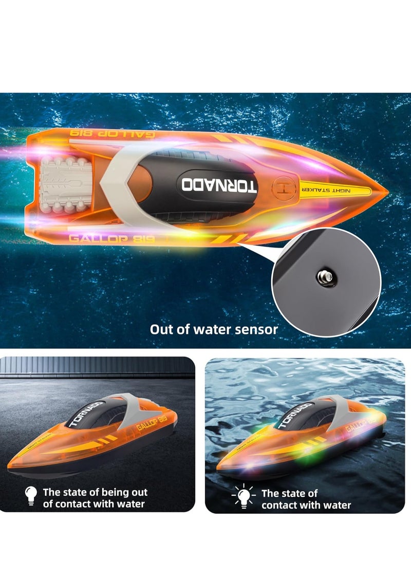 HJ819 RC Boat for Kids 8-16, 15+ MPH Fast Remote Control Boat with LED Lights, 2.4G RC Electric Boats Pool and