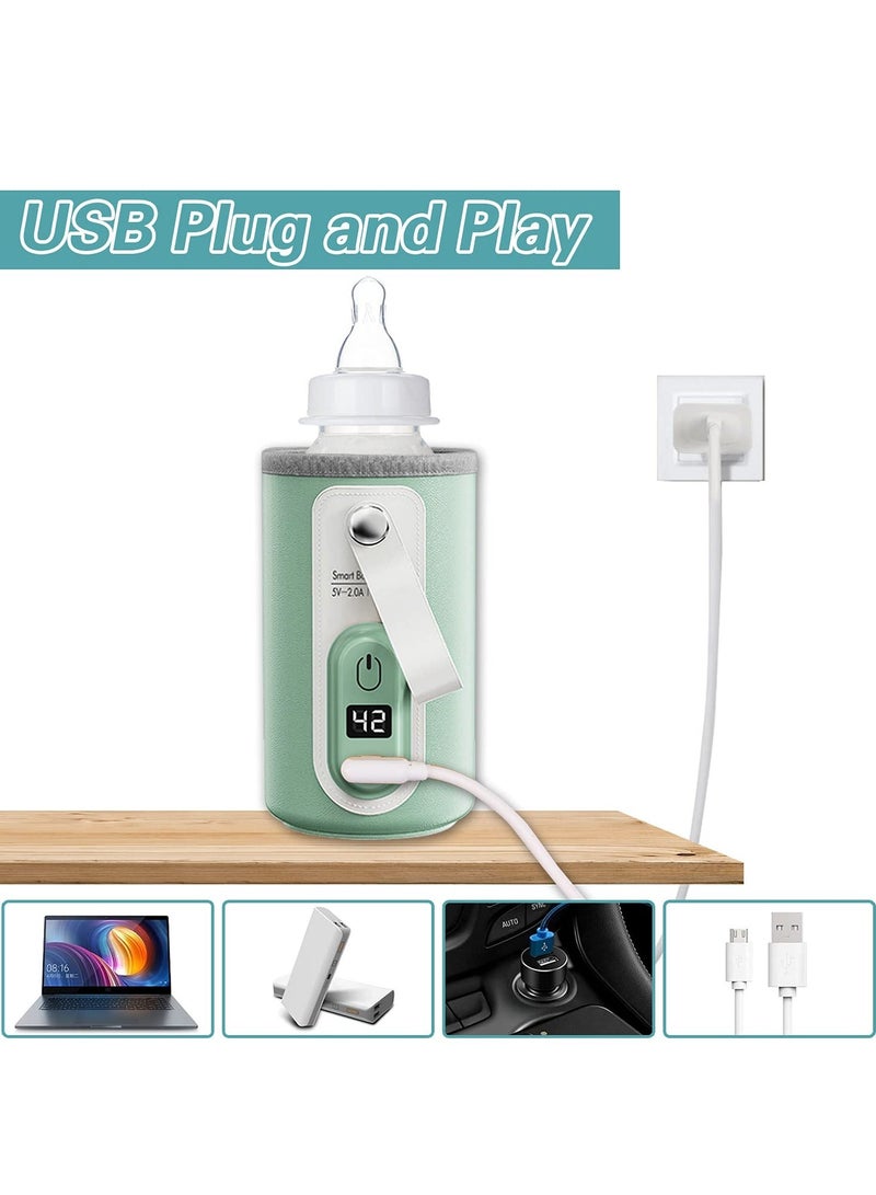 Portable Bottle Warmer with LCD Display, USB Rechargeable Wireless Water for Formula Milk, Fast and Accurate Heating of Baby Car Travel (Green)