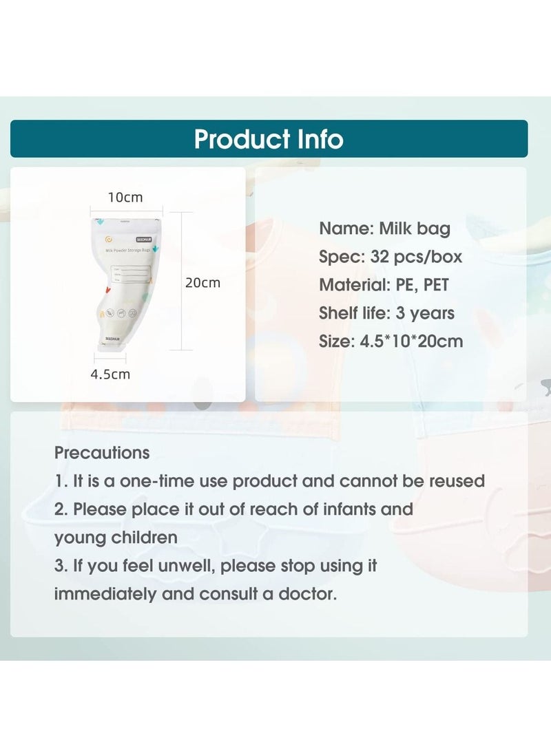 Baby Formula Storage Bag for Travel Milk Powder Dispenser Portable Infant Feeding Food Pouches Breastmilk Bags 1.8oz with Temp-Sensing Doubled-Sealed Hygienically Self Standing 32pcs