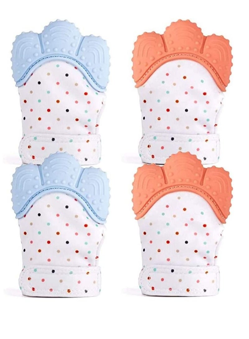 Baby Teething Mitten 4 Pack Food Grade Silicone Teether Glove Prevent Scratches Protection Gloves Soothing Pain Relief Mitt Stimulating Toys for Orange & Blue (Blue)