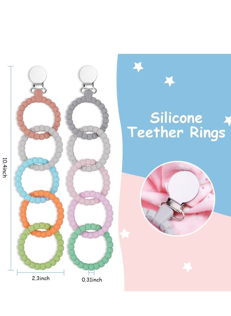 Teether Links Set, 2 Strings of Food Grade Silicone Teething Toys with Pacifier Clip, Soothe Your Newborn Safe and Attachable Chews