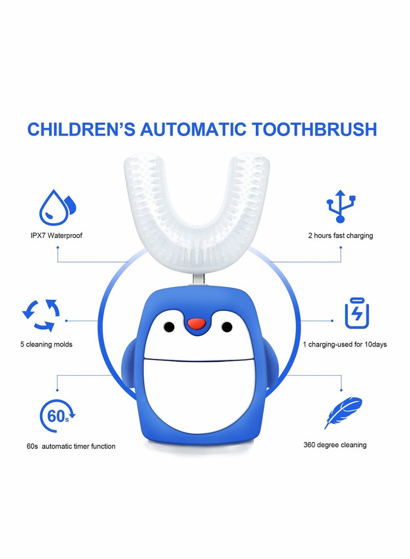 Kids U Shaped Electric Toothbrush, Automatic Timer Tooth Brush, Ultrasonic Toothbrushes with 5 Cleaning Modes IPX7 Waterproof Auto Toothbrush for Children Toddler(Age 2-6, Blue)