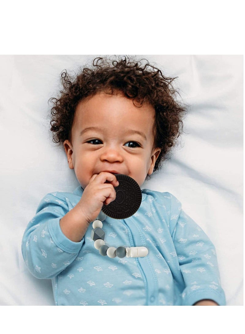 Baby Teething Toys for 3-6 6-12 Months Babies, Silicone Teethers with Relief Beads Binky Holder and Pacifier Clips, Cookie Design Boys Girls (Black)