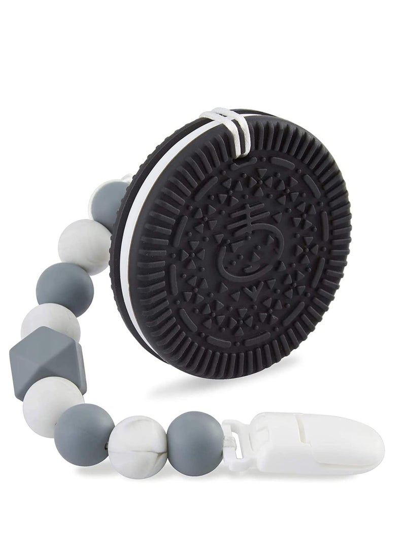 Baby Teething Toys for 3-6 6-12 Months Babies, Silicone Teethers with Relief Beads Binky Holder and Pacifier Clips, Cookie Design Boys Girls (Black)